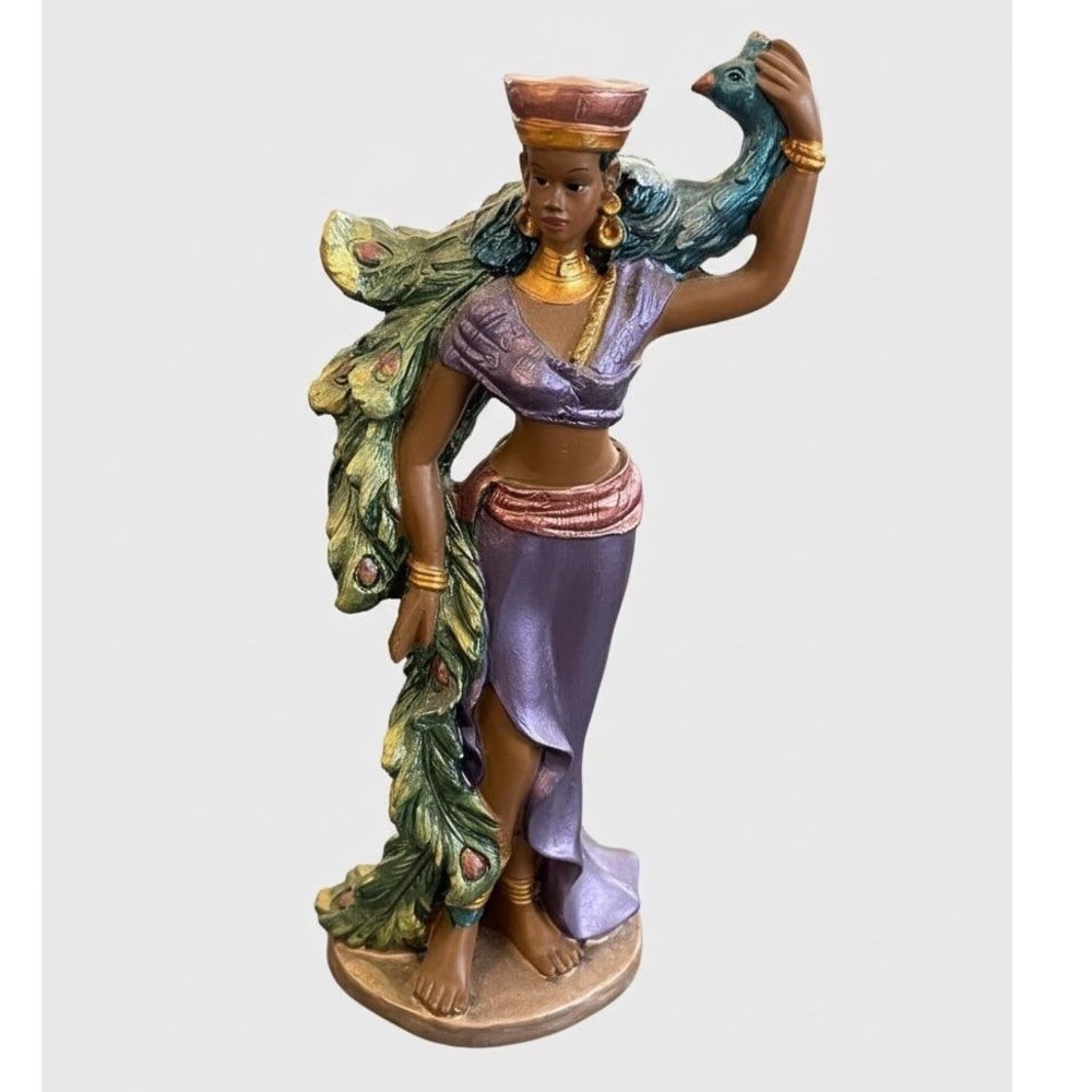 Vintage African ULANA Figurine Statue Sculpture Decor 8in Woman Art Peacock